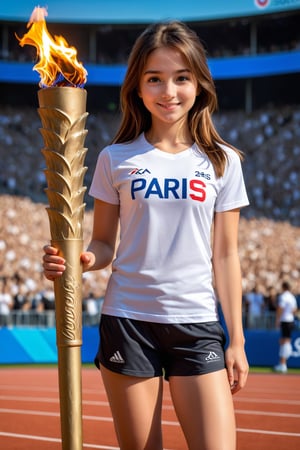 Masterpiece, highest quality image, a girl with a small smile, with a white t-shirt (((With the text "PARIS 2024"))), and black sport shorts, standing with the Olympic torch in a crowded sports stadium, masterpiece, hdr, high resolution, best quality, masterpiece, professional, 3d style,cammystretch, stretching,leaning forward