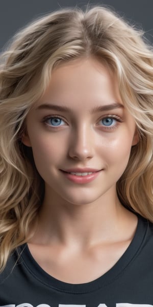 ((Generate hyper realistic half body portrait of  captivating scene featuring a stunning 20 years old girl,)) ((frontal view,)) with medium long blonde hair,  flowing curls, little smile, donning a sport shorts and a black shirt with text "30K", piercing, blue eyes, medium chest, photography style , Extremely Realistic,  ,photo r3al