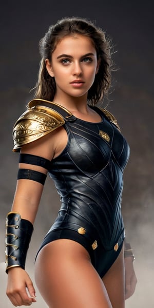 (masterpiece, top quality, Best quality, official art, beautiful and aesthetic:1.2), ((a young woman as roman gladiator,)) (Masterpiece, Best quality), (finely detailed eyes), (finely detailed eyes and detailed face), half body portrait, intrincate details, (((black high hip leotard,))) roman armor with elaborated gold ornaments, roman legion shield and sword, black boots (Extremely detailed CG, Ultra detailed, Best shadow), Beautiful conceptual illustration, (illustration), (((action pose,))) (extremely fine and detailed), (Perfect details), (Depth of field),action shot