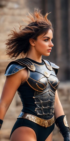 (masterpiece, top quality, Best quality, official art, beautiful and aesthetic:1.2), ((a young woman as roman gladiator,)) orange messy and blowing hair with bangs, (Masterpiece, Best quality), (finely detailed eyes), (finely detailed eyes and detailed face), half body, intrincate details, (((black high hip leotard,))) roman armor with elaborated and ntrincate detailed gold ornaments, (((roman legion shield))) and sword, black boots (Extremely detailed CG, Ultra detailed, Best shadow), Beautiful conceptual illustration, (illustration), (((action pose,))) (extremely fine and detailed), (Perfect details), (Depth of field),action shot