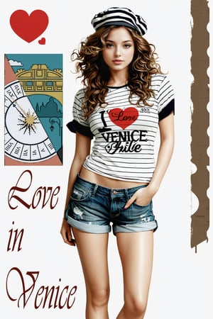 (An amazing and captivating abstract illustration:1.4),scene featuring a stunning 20 years old girl,)) with medium long brown hair, flowing curls, With a gondolier's hat, semi side view, donning a jeans shorts and a trendy slogan black and white horizontal stripes tee with sleeves rolled up, (wearing t-shirt:1.3), shorts, (grunge style:1.2), (frutiger style:1.4), (colorful and minimalistic:1.3), (2004 aesthetics:1.2),(beautiful vector shapes:1.3), with (the text "I LOVE VENICE!":1.1), text block. Venetian great canal, symbols, clouds, swirls, x \(symbol\), arrow \(symbol\), heart \(symbol\), sharp details, BREAK highest quality, detailed and intricate, original artwork, trendy, mixed media, vector art, vintage, award-winning, artint, SFW,gh3a