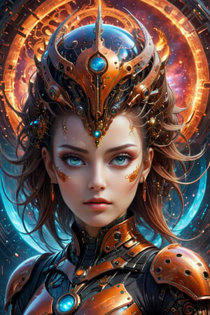 Face of a pretty girl in a cyborg, wearing a detailed sci-fi armor, with expressive eyes and a clever and quirky fractal sprindles. The background is a surreal dreamscape of Mars, with a gibberflame made of organic pattern. The colors are dark, yet vibrant and the image quality is professional and of the highest quality. The style is abstract 3D fractal, art surrealism, with a military armor theme. The composition is balanced, with an interesting perspective and good lighting.