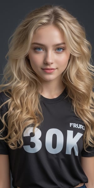 ((Generate hyper realistic half body portrait of  captivating scene featuring a stunning 20 years old girl,)) ((frontal view,)) with medium long blonde hair,  flowing curls, little smile, donning a sport shorts and a black shirt (((with text "30K"))), piercing, blue eyes, medium chest, photography style , Extremely Realistic,  ,photo r3al