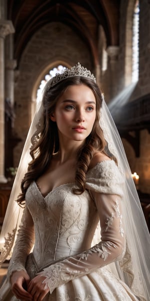 image, photography, pretty princess from the 17th century, 25 years old, brunette, professional lighting, cinematic lighting, in a church, wearing an intricately detailed medieval princess wedding dress, with a veil over his head, realistic, detailed, ultra HD, 8k