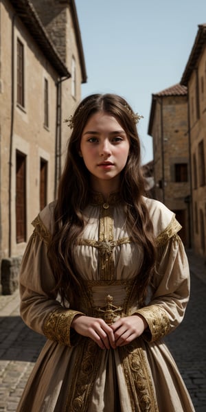 Beautiful, face, 8K, HDR, Masterpiece, Hyperrealistic, portrit of a 25 years old  young woman with perfect body, detailed face, sweet,  in a medieval town, medieval clothes with intrincate details, beautiful,REALISTIC