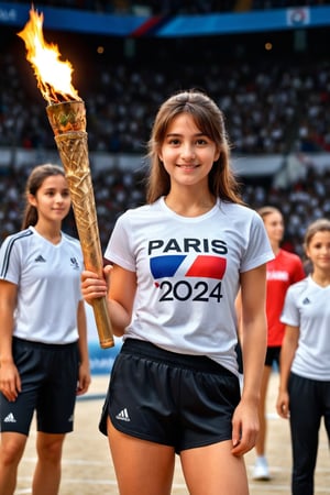 Masterpiece, highest quality image, a girl with a small smile, with a white t-shirt (((With the text "PARIS 2024"))), and black sport shorts, standing with the Olympic torch in a crowded sports stadium, masterpiece, hdr, high resolution, best quality, masterpiece, professional, 3d style,cammystretch, stretching,leaning forward