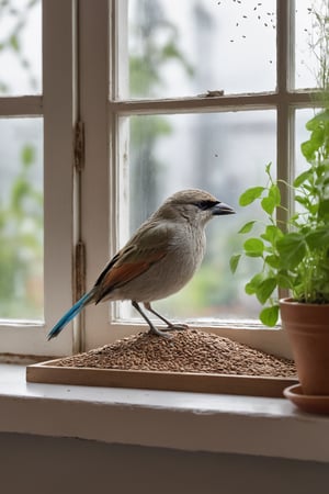 (Generate hyper realistic image of  captivating scene featuring A bird on a window sill eating some seeds, behind the glass a girl watches it:1.4) detailed background, RAW photo, subject, 8k, soft lighting, high quality, film grain, Fujifilm, photography style , Extremely Realistic,  ,photo r3al,gbaywing