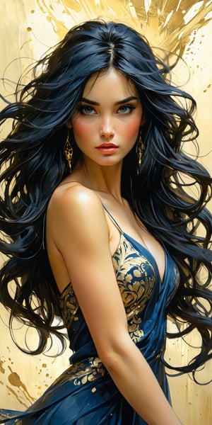 a woman with long black hair in a gold painting, in the style of charlie bowater, dark blue and dark black, michael garmash, comic art, realistic color palette, dark black and beige, soft-focused realism --ar 24:37 --stylize 750 --v 6