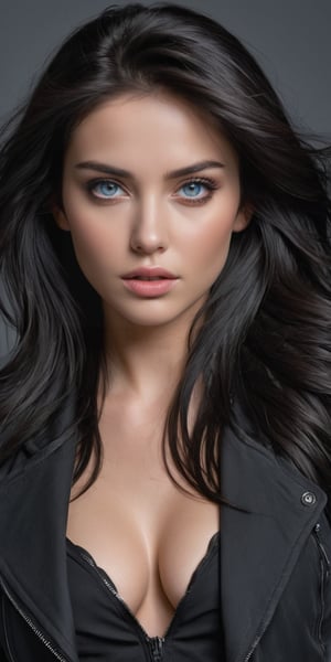 ((Generate hyper realistic half body portrait of  captivating scene featuring a stunning 30 years old girl,)) ((frontal view,)) with medium long black hair,  hair blowing, black shaded eyes, donning a open black jacket over a black top, piercing, blue eyes, big chest, photography style , Extremely Realistic,  ,photo r3al