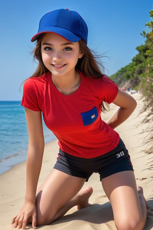 Masterpiece, highest quality image, a 20 years old girl with a small smile,blue and red peaked cap, with a red short t-shirt and a black shorts, masterpiece, hdr, high resolution, best quality, masterpiece, beachside black, professional, 3d style,cammystretch, stretching,leaning forward