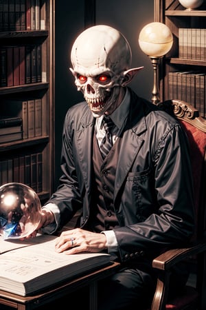 (Masterpiece, very detailed image, high quality) a ghoul with big mouth with very sharp teeth and very large fangs, pointy ears, smiling, malevolent expression, sitting on a desk, studying, with books, notebooks and pencils, ((a large crystal ball next to him,)) school uniform, very somber room background,