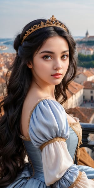 image, photography, pretty princess from the 17th century, jet black hair, big honey-colored eyes, beautiful face, half-body focus, typical city of Renaissance in the background, realistic, detailed, ultra HD, 8k