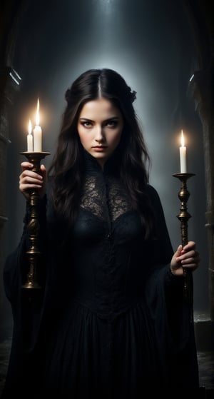 ((top quality)), ((masterpiece)), half body frontal image of a young gothic vampire woman, (( in a old and very dark crypt of a cemetery, holding a candelabra with candles)) gothic woman, very pale, dark shadow around his eyes, black old lace clothes with intrincate details, black long hair with babgs, intricate details, highly detailed light gray eyes, highly detailed mouth, cinematic image, illuminated by the candle light, photo of perfecteyes eyes dark atmosphere, light effect, cinematic style , Extremely Realistic, ,photo r3al