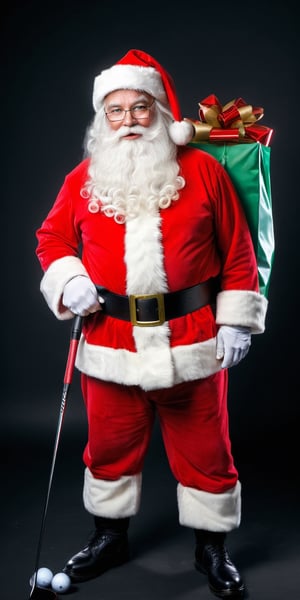 Generate hyper realistic full body image of  Santa Claus with golf club bag with a big gift bow,photography style,Extremely Realistic, ,darkart,3dmdt1