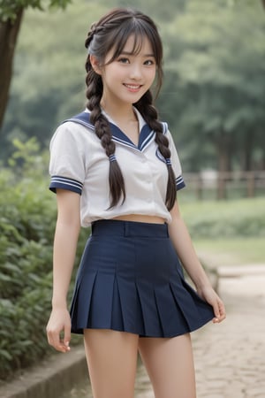 ((Generate hyper realistic full body image of  a stunning 22 years old oriental girl,)) smile with medium long dark hair collected in two braids, bangs, semi side view, standing in a park, donning Sailor suit, Summer school clothes with a mini black skirt, wide thigs, piercing, blue eyes, photography style , Extremely Realistic,  ,photo r3al,aihoshinopose