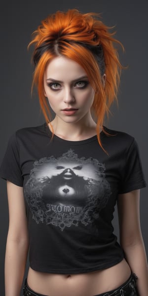 ((top quality)), ((masterpiece)), full body portrait of a gothic woman with a hairstyle of punky,((front view,)) With a black T-shirt, with bare navel, Black mini thong, black shaded eyes, orange hair, intricate details, highly detailed eyes, highly detailed mouth, cinematic image, illuminated by soft light, photo of perfecteyes eyes,, photorealism,  highly detailed