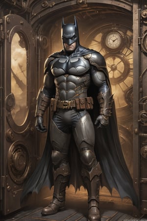 ((Batman of DC comics illustration in steampunk stile,)) ((full body view.)) (( Action pose)) (Masterpiece, Best quality), (finely detailed eyes), (finely detailed eyes and detailed face), (Extremely detailed CG, intrincate detailed, Best shadow), conceptual illustration, (illustration), (extremely fine and detailed), (Perfect details), (Depth of field), in the door of a wilding background,more detail XL