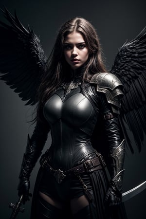 A portrait of a dark angel girl, dark Archangel in girl, light tones, dark-robed and armored with ornaments of intrincate details, with a sword, dark and gloomy image, Dramatic Light,