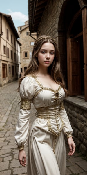 Beautiful, face, 8K, HDR, Masterpiece, Hyperrealistic, half body view of a 25 years old  young woman with perfect body, detailed face, sweet, walking in a medieval town, medieval clothes with intrincate details, beautiful,REALISTIC