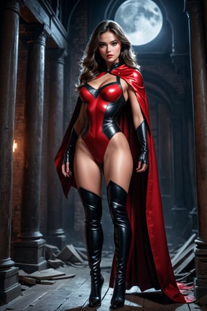 (Ultra best quality, in 8K, masterpiece, delicate illustration), Half body, wild female in night, muscular body type, Superhero girl in a high-waisted red and black leather leotard, big black cape and thigh-high boots, dramatic lighting, in a dark old building,