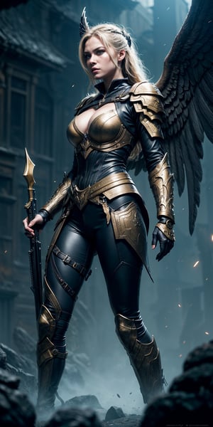 ((top quality)), ((masterpiece)),  epic composition, cinematic lighting, masterpiece, a valkyrie, preparing for a fight, with a intrincate dark armor with elaborated golden ornaments, dynamic action pose, semi side shot, war background, half body portrait, dim volumetric lighting, 8k octane beautifully detailed render, extremely hyper-detailed, intricate, stunning Detailed matte painting, deep color, fantastical, intricate detail, complementary colors, fantasy concept art, 8k resolution, Volumetric light, rays, action shot,