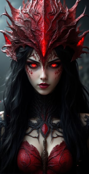 a beautiful young evil woman with long blowing black hair, gothic, intricate, elegant, highly detailed, majestic, greg rutkowski, surreal red filigree, broken glass, (masterpiece, sidelighting, finely detailed beautiful red eyes: 1.2), hdr, realistic painting , natural skin, textured skin, closed mouth, gray eyes, ornament filigree, eye makeup, robot joints, long hair moved by the wind, from hell,