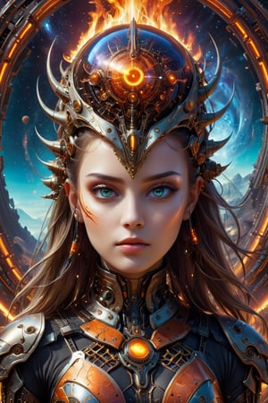 Face of a pretty girl in a cyborg, wearing a detailed sci-fi armor, with expressive eyes and a clever and quirky fractal sprindles. The background is a surreal dreamscape of Mars, with a gibberflame made of organic pattern. The colors are dark, yet vibrant and the image quality is professional and of the highest quality. The style is abstract 3D fractal, art surrealism, with a military armor theme. The composition is balanced, with an interesting perspective and good lighting.