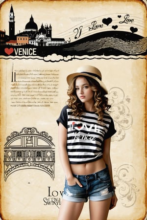 (An amazing and captivating abstract illustration:1.4),scene featuring a stunning 20 years old girl,)) with medium long brown hair, flowing curls, With a gondolier's hat, semi side view, donning a jeans shorts and a trendy slogan black and white horizontal stripes tee with sleeves rolled up, (wearing t-shirt:1.3), shorts, (grunge style:1.2), (frutiger style:1.4), (colorful and minimalistic:1.3), (2004 aesthetics:1.2),(beautiful vector shapes:1.3), with (the text "I LOVE VENICE!":1.1), text block. Venetian great canal, symbols, clouds, swirls, x \(symbol\), arrow \(symbol\), heart \(symbol\), sharp details, BREAK highest quality, detailed and intricate, original artwork, trendy, mixed media, vector art, vintage, award-winning, artint, SFW,gh3a