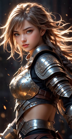 Generate image of a beautiful warrior girl, 18y.o, small and cute, (eye color switch), (bright and clear eyes), ((Intrincate details,)) realistic anime style, depth of field, lighting cinematic lighting, rays, ray tracing, reflected light, glow light, side view, close up, masterpiece, best quality, high resolution, super detailed, high resolution surgery precise resolution, UHD, skin texture,full_body,