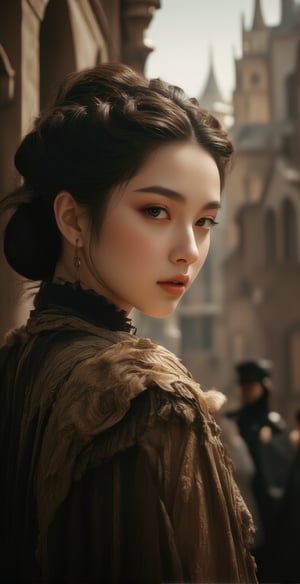 image, photography, pretty princess from the 17th century, jet black hair, big honey-colored eyes, beautiful face, half-body focus, typical city of Renaissance in the background, realistic, detailed, ultra HD, 8k