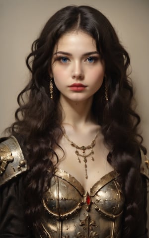 ((Generate hyper realistic half body portrait of captivating scene with a beautiful girl fantasy warrior,)) ((metal armor with intrincate detailed gold ornaments, detailed face, piercing, blue eyes, dark long hair, medium chest, photography style, Extremely Realistic, ,photo r3al high detail, 8k, hyper detailed, masterpiece