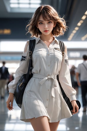 Generate image of a beautiful girl, 25 years old, petite and cute, white mini dress, (light grey eyes), (bright and clear eyes), with a travel bag on his shoulder, front view, ((Intricate details,)) realistic anime style, depth of field, cinematic lighting, reflected light, dramatic lighting, semi side view, medium shot, masterpiece, best quality, high resolution, super detailed, high resolution image, accurate resolution, UHD, skin texture, full body, in a airport