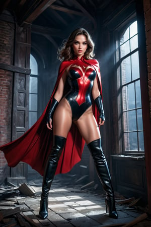 (Ultra best quality, in 8K, masterpiece, delicate illustration), ((Half body portrait,)), wild female in night, muscular body type, Superhero girl in a high-waisted red and black leather leotard, big black cape and thigh-high boots, dramatic lighting, in a dark old building,