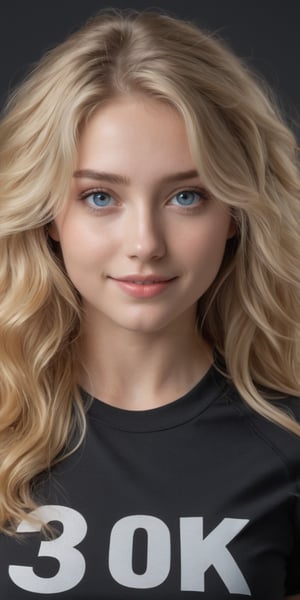 ((Generate hyper realistic half body portrait of  captivating scene featuring a stunning 20 years old girl,)) ((frontal view,)) with medium long blonde hair,  flowing curls, little smile, donning a sport shorts and a black shirt (((with text "30K"))), piercing, blue eyes, medium chest, photography style , Extremely Realistic,  ,photo r3al