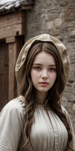 Beautiful, face, 8K, HDR, Masterpiece, Hyperrealistic, portrit of a 25 years old  young woman with perfect body, detailed face, sweet,  in a medieval town, medieval clothes with intrincate details, beautiful,REALISTIC