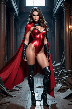(Ultra best quality, in 8K, masterpiece, delicate illustration), wild female in the roft night, muscular body type, Superhero girl in a high-waisted red and black leather leotard, big black cape and thigh-high boots, dramatic lighting, in a dark old building,