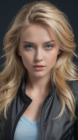 ((Generate hyper realistic half body portrait of captivating scene featuring a stunning 20 years old girl,)) ((frontal view,)) with medium long blonde hair, hair blowing, light blue eyes, donning a open black jacket over a black top, piercing, blue eyes, big chest, photography style , Extremely Realistic, ,photo r3al