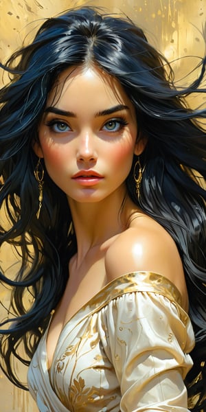 a woman with long black hair in a gold painting, in the style of charlie bowater, dark blue and dark black, michael garmash, comic art, realistic color palette, dark black and beige, soft-focused realism --ar 24:37 --stylize 750 --v 6