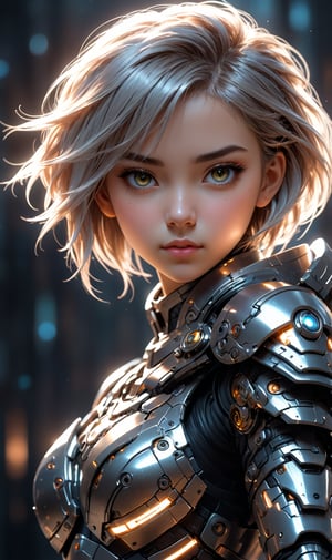 Beautiful warrior cyborg girl, 20y.o, small and cute, (eye color switch), (bright and clear eyes), ((Intrincate details,)) semi-anime style, depth of field, lighting cinematic lighting, dark robotic armor with intrincate details, reflected light, glow light, side view, close up, masterpiece, best quality, high resolution, super detailed, high resolution surgery precise resolution, UHD, skin texture,full_body,chibi