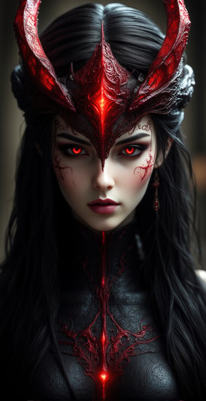 a beautiful young evil woman with long blowing black hair, gothic, intricate, elegant, highly detailed, majestic, greg rutkowski, surreal red filigree, broken glass, (masterpiece, sidelighting, finely detailed beautiful red eyes: 1.2), hdr, realistic painting , natural skin, textured skin, closed mouth, gray eyes, ornament filigree, eye makeup, robot joints, long hair moved by the wind, from hell,