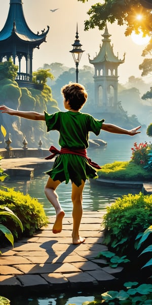 Peter Pan in Kengsinton gardens, clasic illustration style,