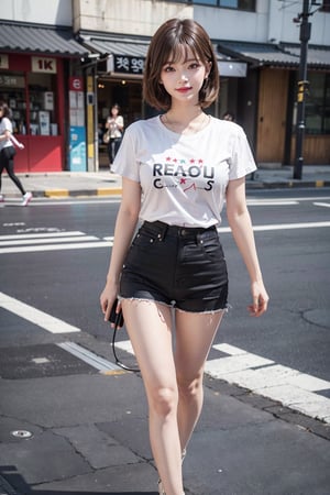 In Seoul, black stilettos , fullbody:1.2, jean shorts skirt:10 , legs apart:1.6,
 ((natta、Realistic light、top-quality、8K、​masterpiece:1.3)),1girl in,Slim Beauty:1.2, braless:2.0, nipples visible:2.4 , abdominals:1.1,Blond straight haired,(White tight t-shirt: 1.3),beauty legs,Super fine face,A detailed eye,cheerful,seductive smile,mikana_yamamoto,jeongyeon, cleavage, big_breasts