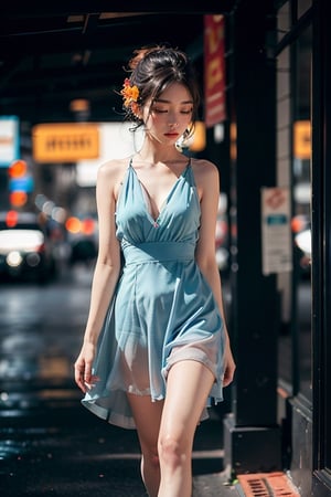 woman, flower dress, colorful, darl background,blue theme,exposure blend, medium shot, bokeh, (hdr:1.4), high contrast, (cinematic, teal and orange:0.85), (muted colors, dim colors, soothing tones:1.3), low saturation,motiontrail