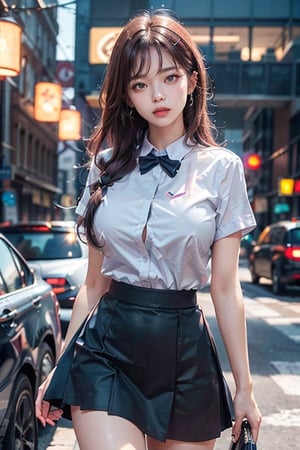 woman, (school uniform),(,(high-low_skirt), colorful,blue theme,exposure blend,bokeh, (hdr:1.4), high contrast, (cinematic, teal and orange:0.85), (muted colors, dim colors, soothing tones:1.3), low saturation,motiontrail,jeongyeon,(Purple_hair),(gigantic_breasts),full_body,(Whole_body_from_far_away), (extremely_long_hair), microskirt, high-low_skirt, beatyful eyes