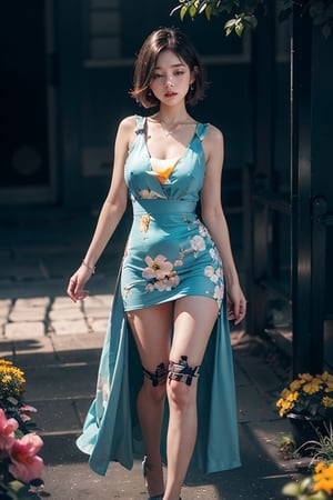 woman, high low flower dress, colorful, darl background,blue theme,exposure blend, medium shot, bokeh, (hdr:1.4), high contrast, (cinematic, teal and orange:0.85), (muted colors, dim colors, soothing tones:1.3), low saturation,motiontrail,huge_breasts,high quality, hyper detail, realistic, full_body