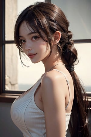 a 20 yo woman, brown hair,very long hair,high ponytail, (hi-top fade:1.3), dark theme, soothing tones, muted colors, high contrast, (natural skin texture, hyperrealism, soft light, sharp),light smile, big_breasts