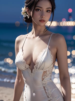 best quality, (masterpiece::1.2),ultra detailed,(photo realistic::1.4),solo,sexy lady,summer lace dress,night beach,blurry_light_background