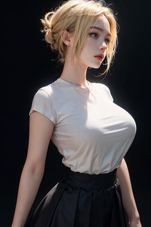a 20 yo woman, blonde, (hi-top fade:1.3), dark theme, soothing tones, muted colors, high contrast, (natural skin texture, hyperrealism, soft light, sharp), full_body, huge_breasts,micro skirt