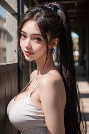 a 20 yo woman, brown hair,very long hair,high ponytail, (hi-top fade:1.3), dark theme, soothing tones, muted colors, high contrast, (natural skin texture, hyperrealism, soft light, sharp),light smile, big_breasts, tube_top