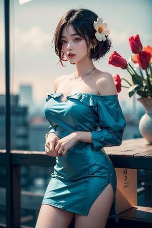 woman,off shoulder short flower dress, colorful, darl background,blue theme,exposure blend, medium shot, bokeh, (hdr:1.4), high contrast, (cinematic, teal and orange:0.85), (muted colors, dim colors, soothing tones:1.3), low saturation,motiontrail,asian girl,jeongyeon, huge_breasts